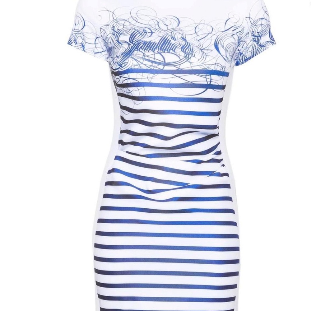Jean Paul Gaultier White and Blue Graphic Stripe Mini Dress